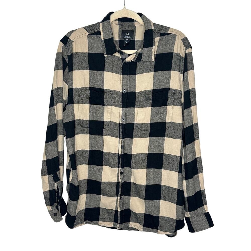H&M Regular Fit Black Beige Plaid Flannel Button-Up Shirt Long Sleeve Winter L